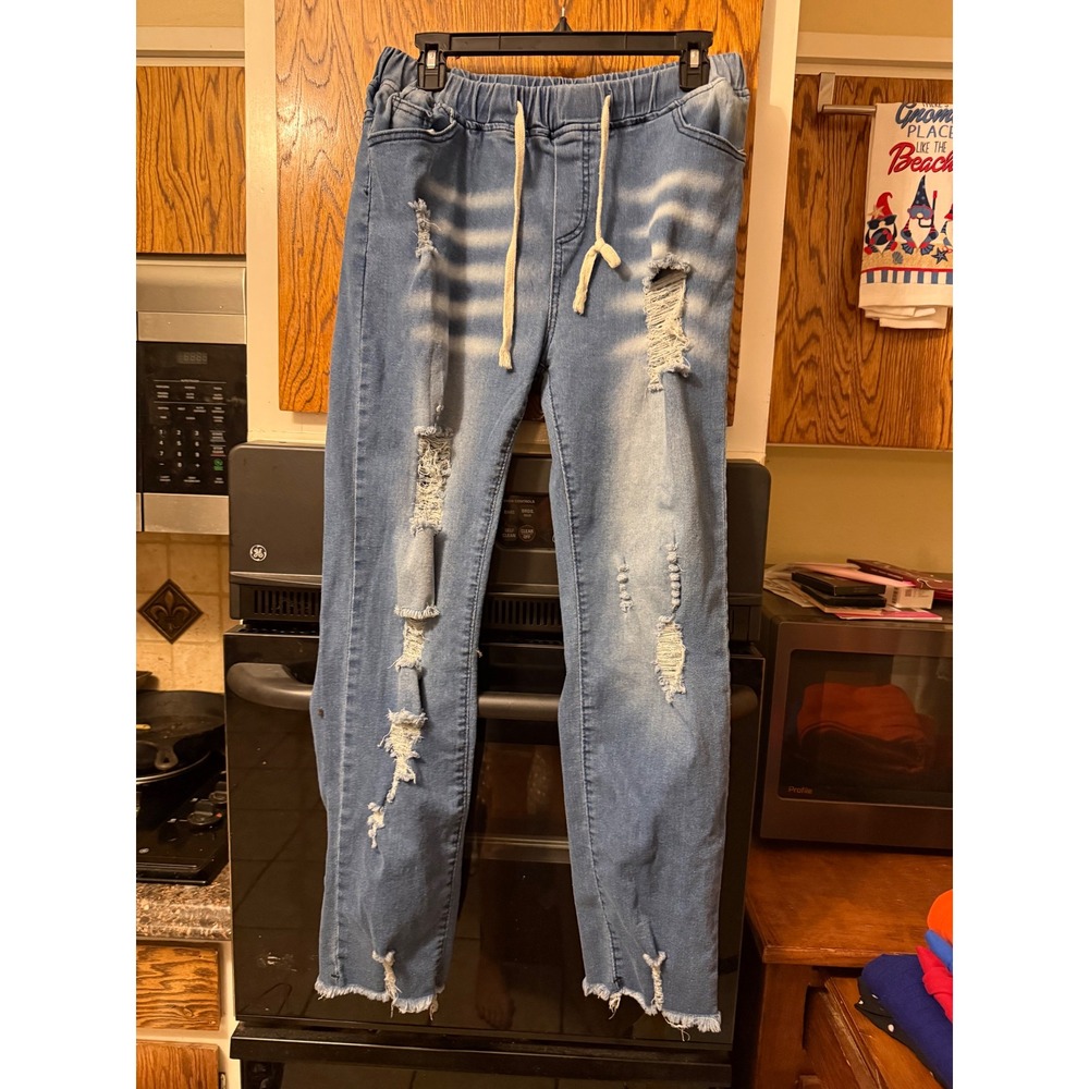 Womens Distressed Denim Joggers Light Wash Ripped Jeans Elastic Waist Blue XL
